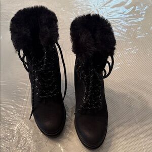 DKNY Black Lace-Up Fur Boots